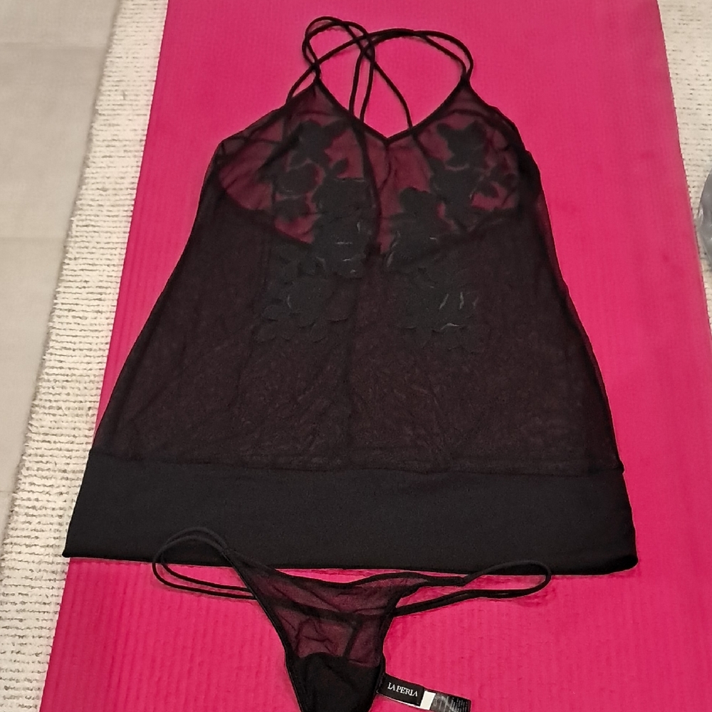 La Perla Signature Ninfea Sheer Black Babydoll and Thong Set Size M